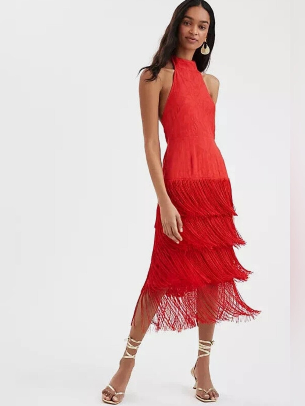 Anthropologie Women Red Fringe Halter Midi Dress Holiday Festival Flapper Size 6